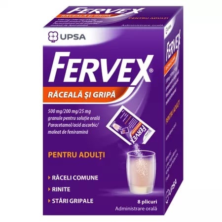 Fervex Raceala si Gripa pentru adulti 500mg/200mg/25mg, 8 plicuri, Upsa