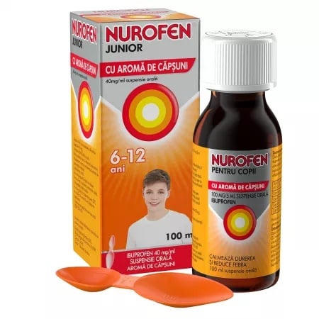 Nurofen Junior sirop 200mg/5ml cu aroma de capsuni, 6-12 ani, 100ml, Reckitt