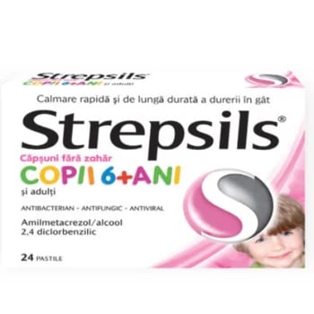 Strepsils Capsuni fara zahar pentru copii 6 ani+, 24 pastile de supt, Reckitt