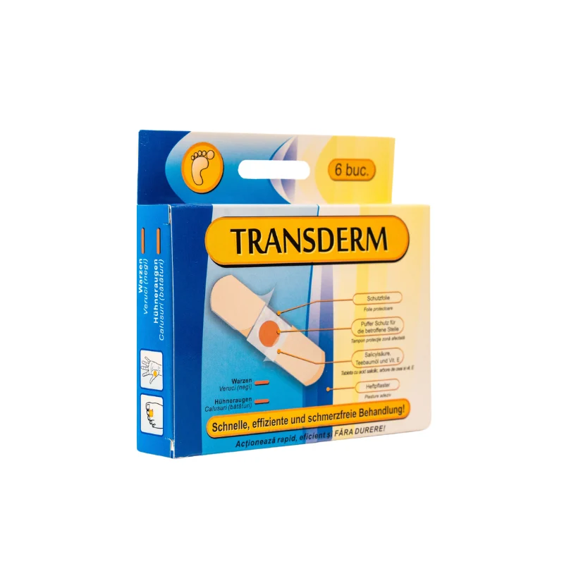 Plasture cu efect keratolitic pentru negi si bataturi, 6 bucati, Transderm
