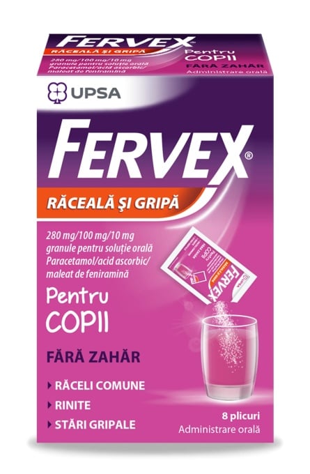 Fervex pentru copii fara zahar, 280mg/100 mg/10 mg, 8 plicuri, Upsa