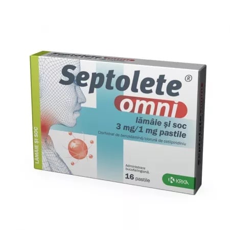 Septolete Omni 3mg/1mg cu gust de lamaie si soc, 16 pastile, Krka